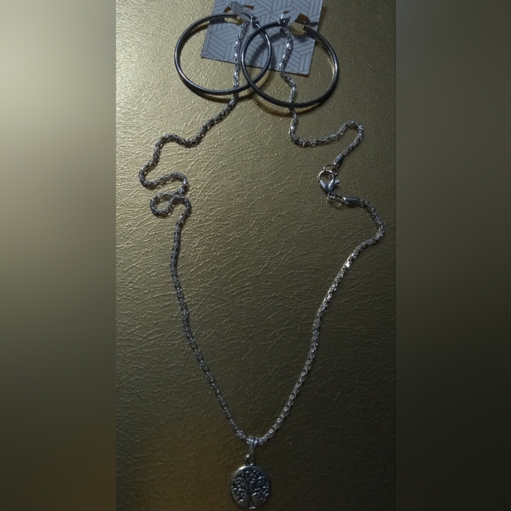 Silver Tree Of Life Necklace & Simple Earrings Set Design By Me.